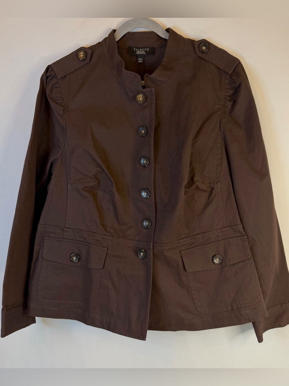 NEW Talbots Womens 22WP Petite Kate Fit Dark Brown Jacket Peplum Curvy Epaulets